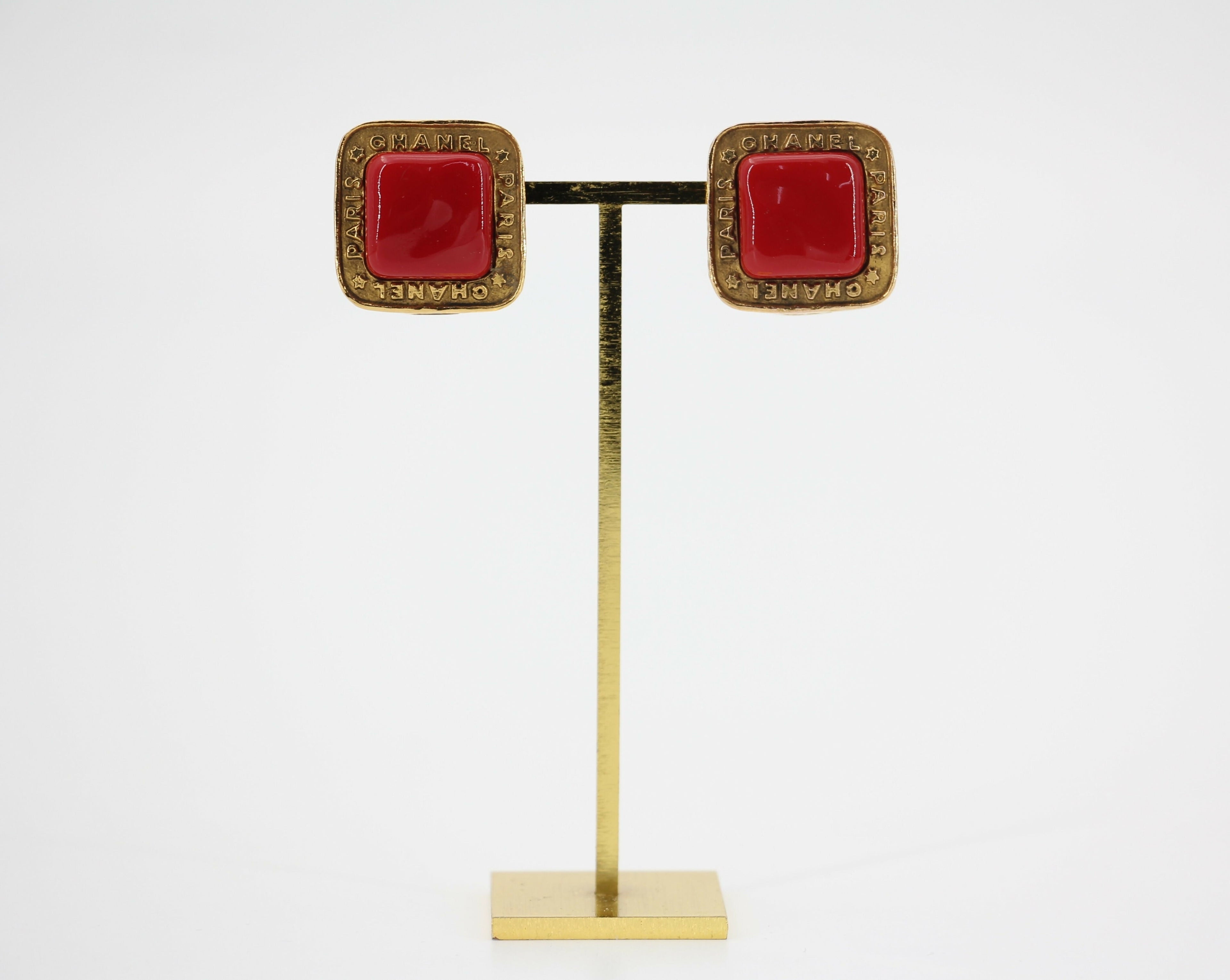Chanel Vintage 1886-92 Gold-plated Large Red Square Clip-on Earrings