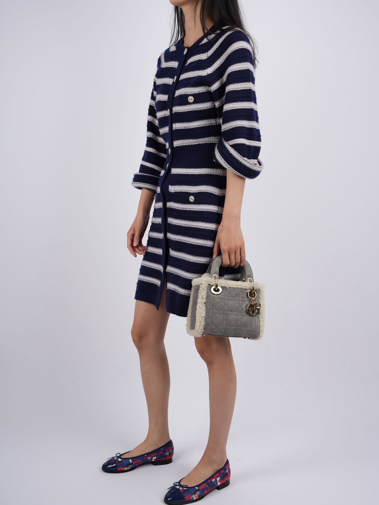 CHANEL cashmere Striped Dress in Navy Blue and White FR 34