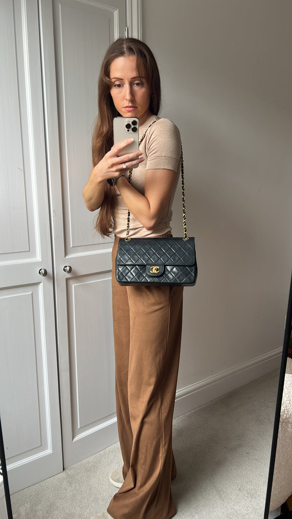 Chanel Vintage Quilted Straight Double Flap in Black Lambskin with 24k Hardware
