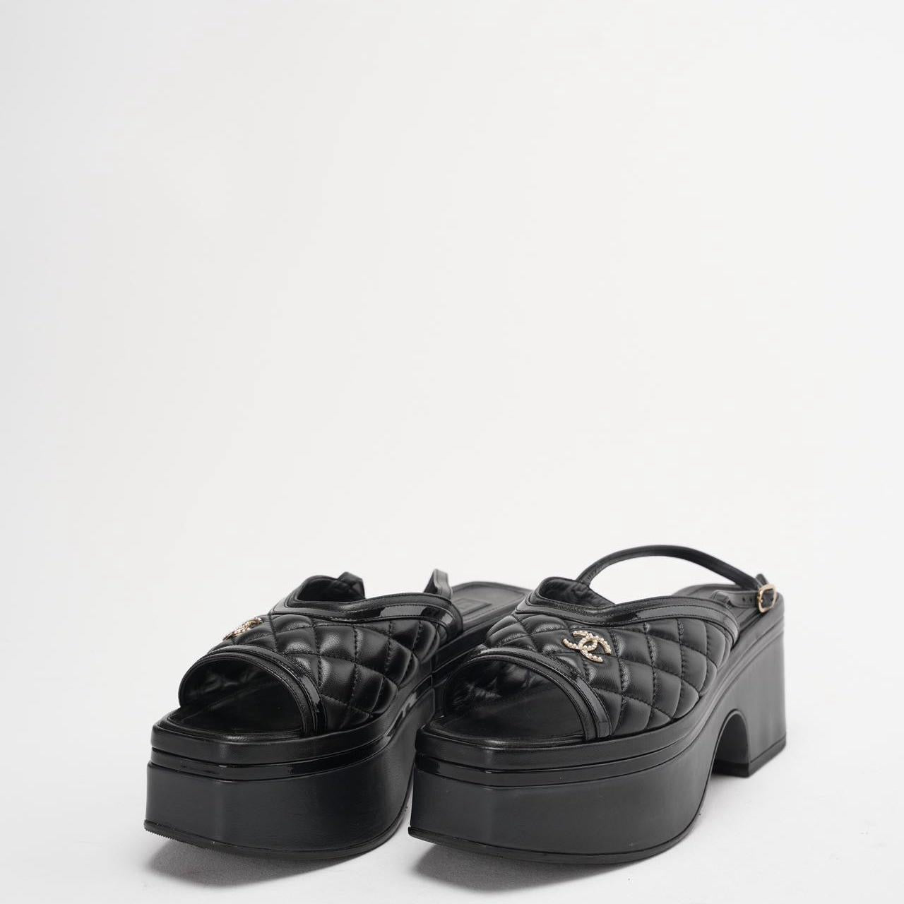 Chanel Black Slingback Quilted Leather Sandals Size 39