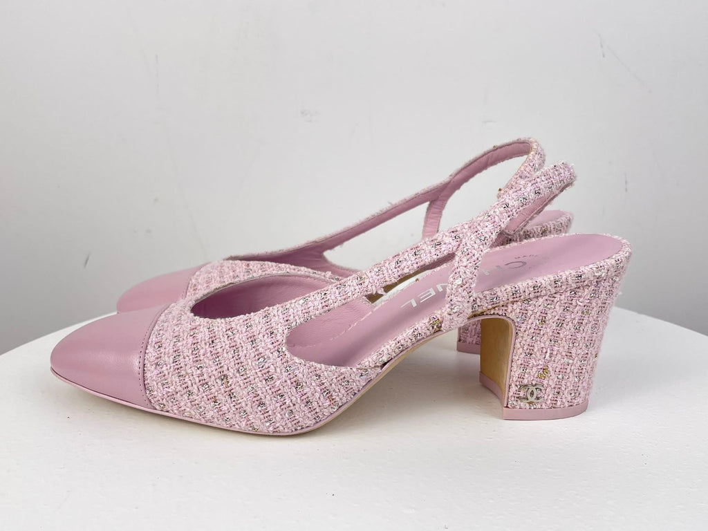 Chanel Pink Tweed M Slingback Pumps with CC Logo 39