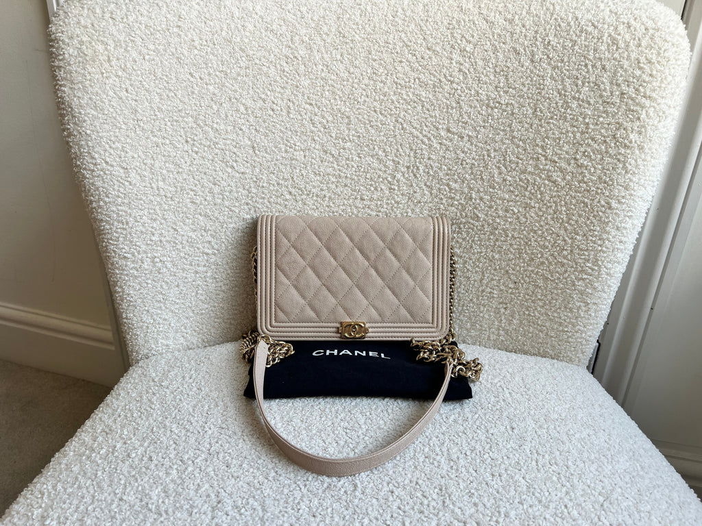 Chanel Ivory Cream Quilted Caviar Boy Wallet on Chain