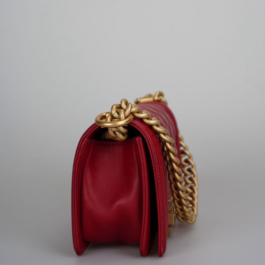 Chanel Small Le Boy Bag Red Quilted Lambskin with Gold Hardware
