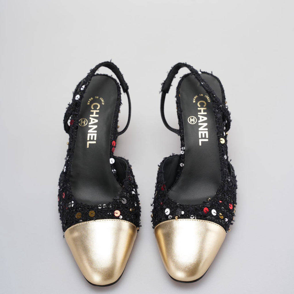 Chanel Tweed Lambskin Sequin Cap Toe CC Slingback Pumps size 39 in Black and Gold