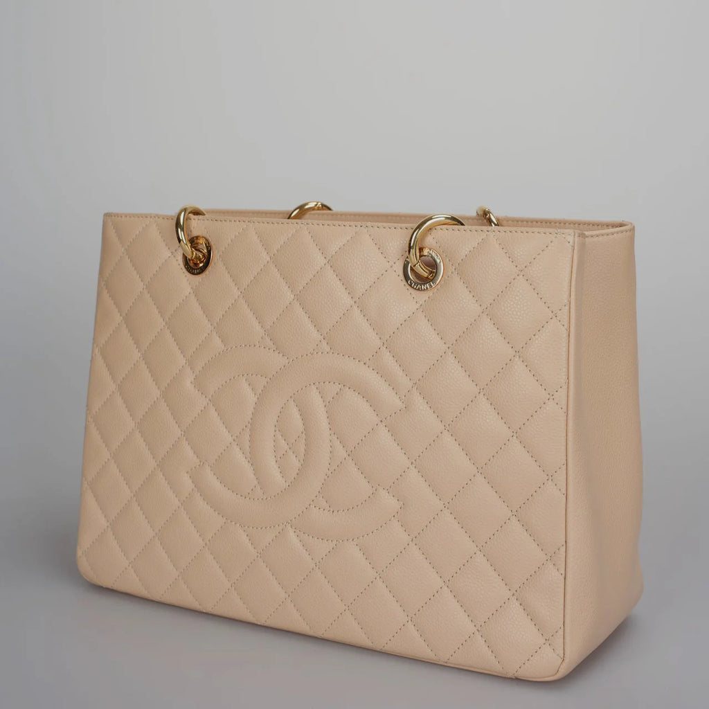 Chanel Beige Grand Shopping Tote GST Bag in Caviar Leather with gold Hardware