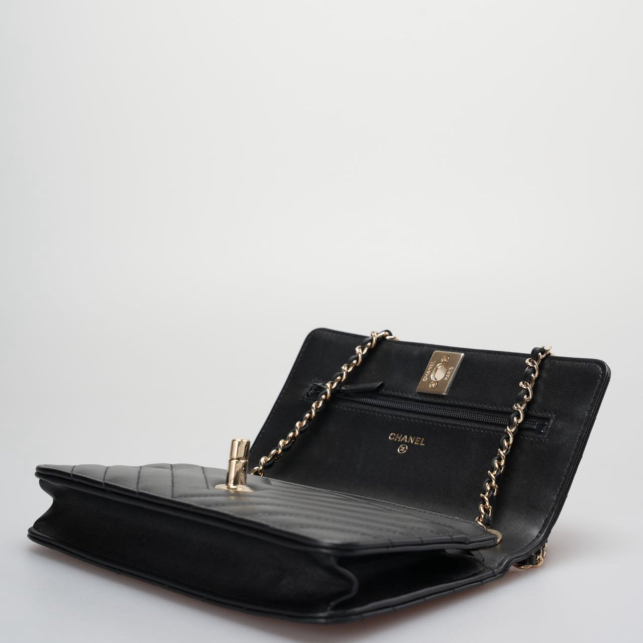 Chanel Lambskin Chevron Quilted Trendy CC Wallet On Chain Woc In Black