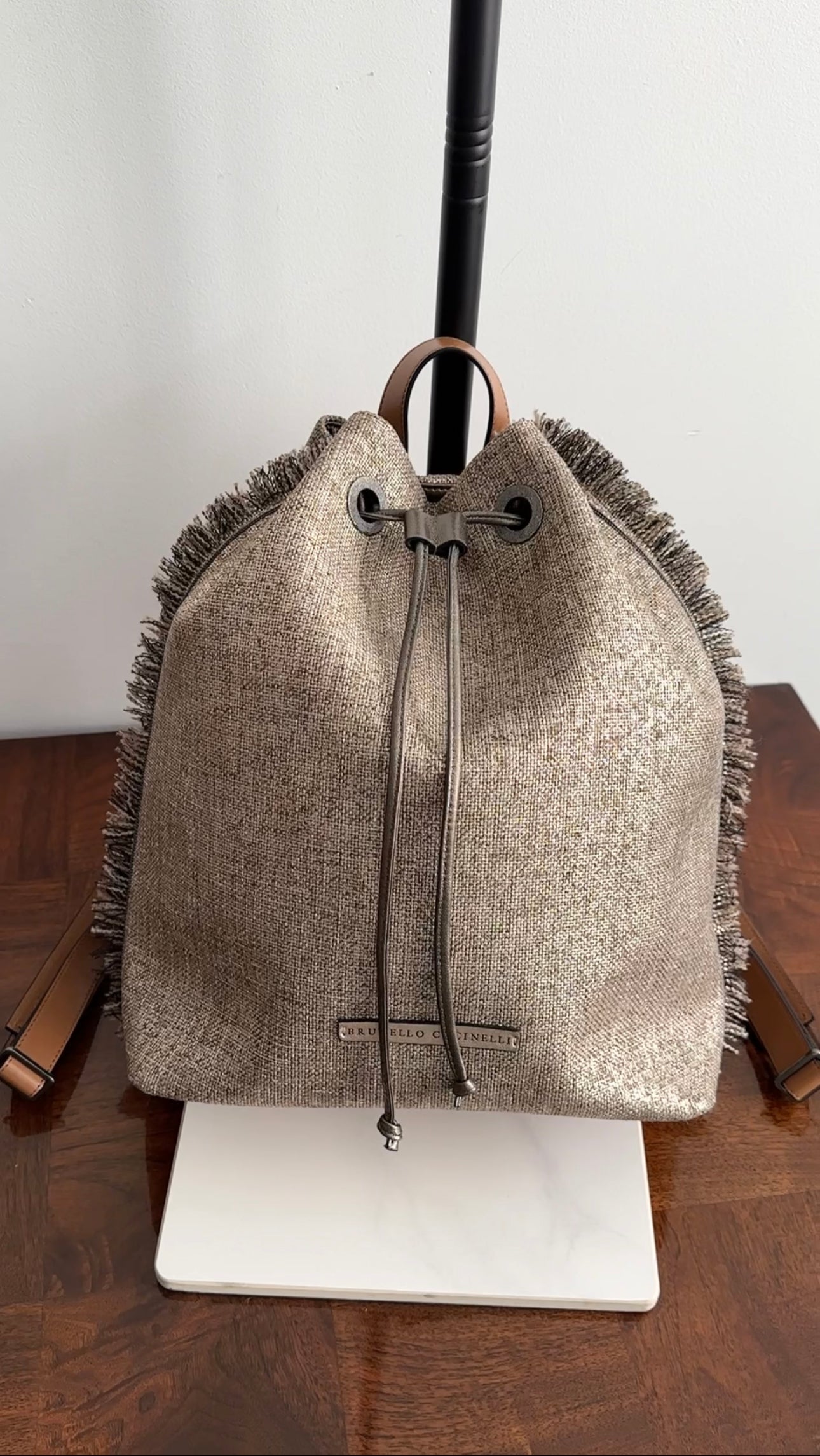 Brunello Cucinelli Gold Metallic Canvas Fringe Backpack