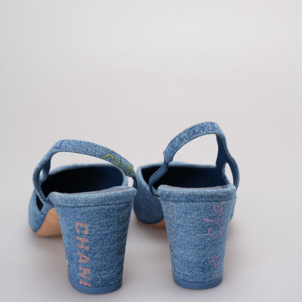 Chanel Denim Cap Toe CC Slingback Pumps Light Blue & Multicolor 36.5