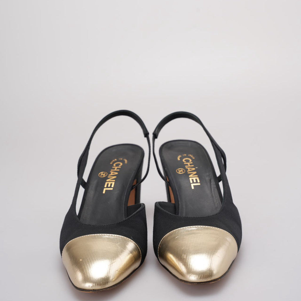 Chanel Black / Gold  Escarpins Slingback Chanel Velours Noir Size 40.5