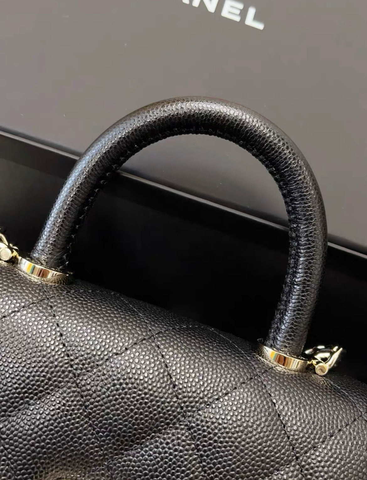 Chanel 24K Nano Coco Top Handle Flap Bag Black Caviar Light Gold Hardware