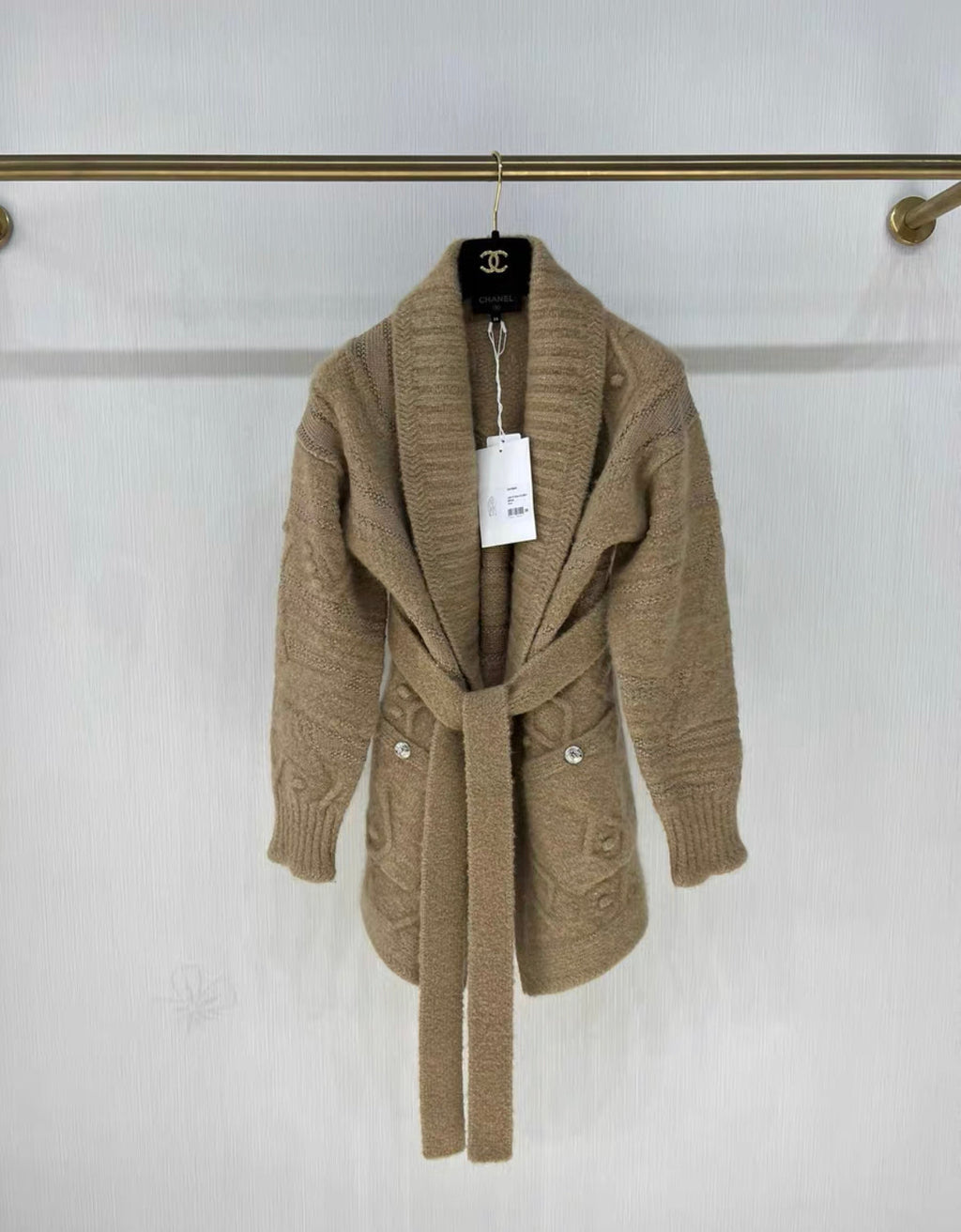 CHANEL 23N coco neige Beige Belted Shawl Collar igan Sweater size 38