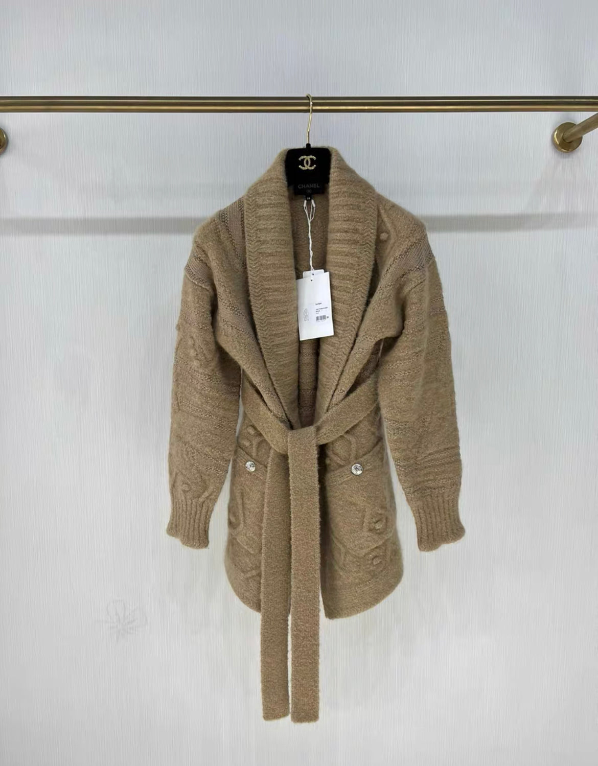 CHANEL 23N coco neige Beige Belted Shawl Collar igan Sweater size 38