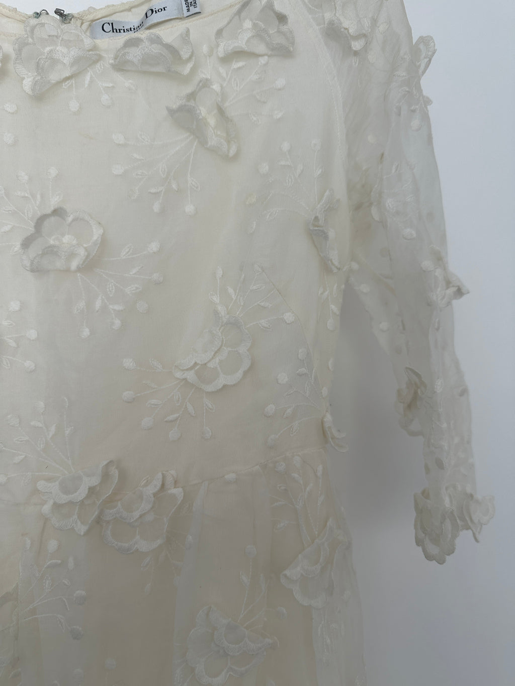 Christian Dior White Long Sleeve Maxi Dress with Floral Appliqué Detail Size FR 36 (UK 8)