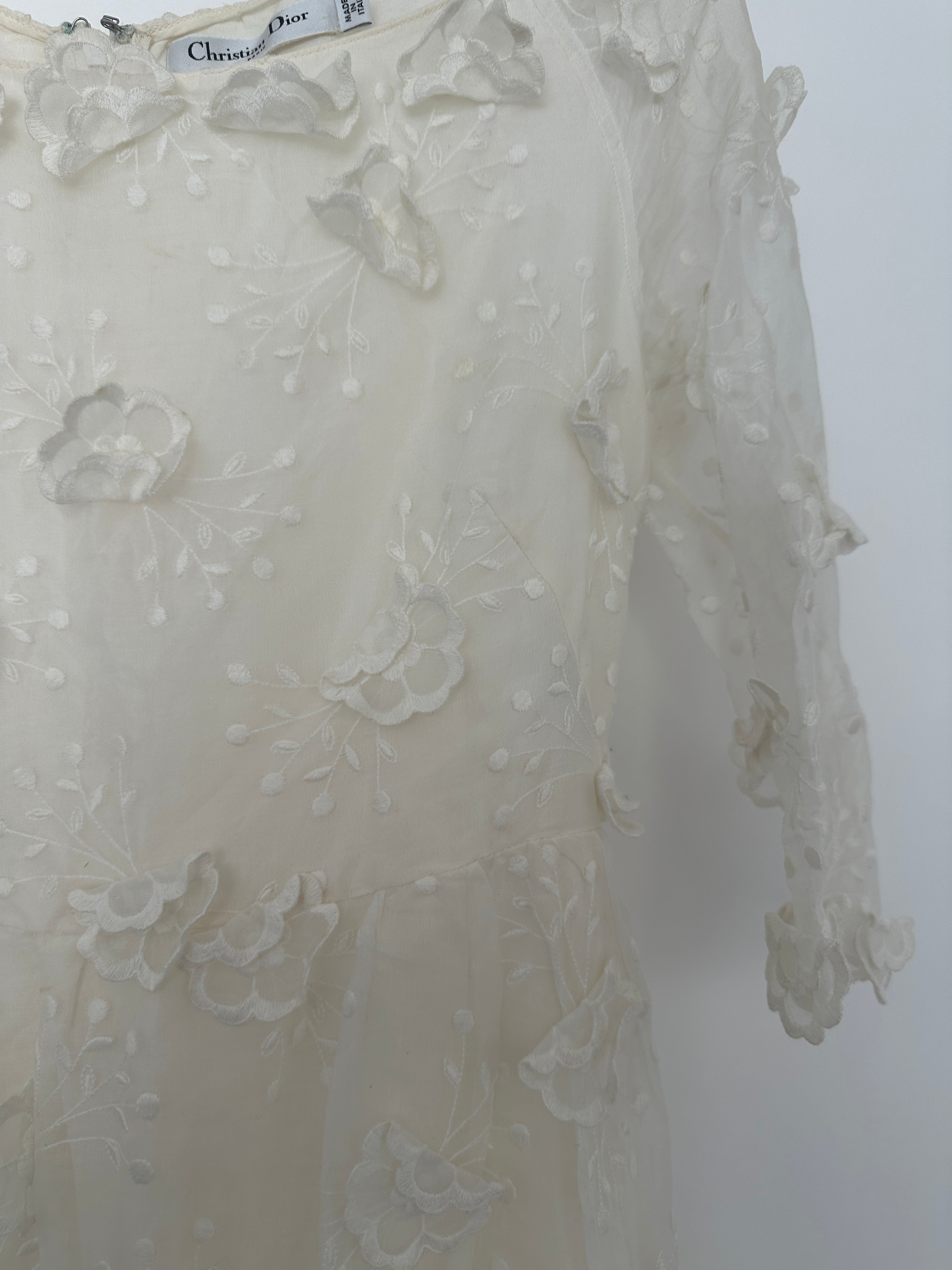 Christian Dior White Long Sleeve Maxi Dress with Floral Appliqué Detail Size FR 36 (UK 8)
