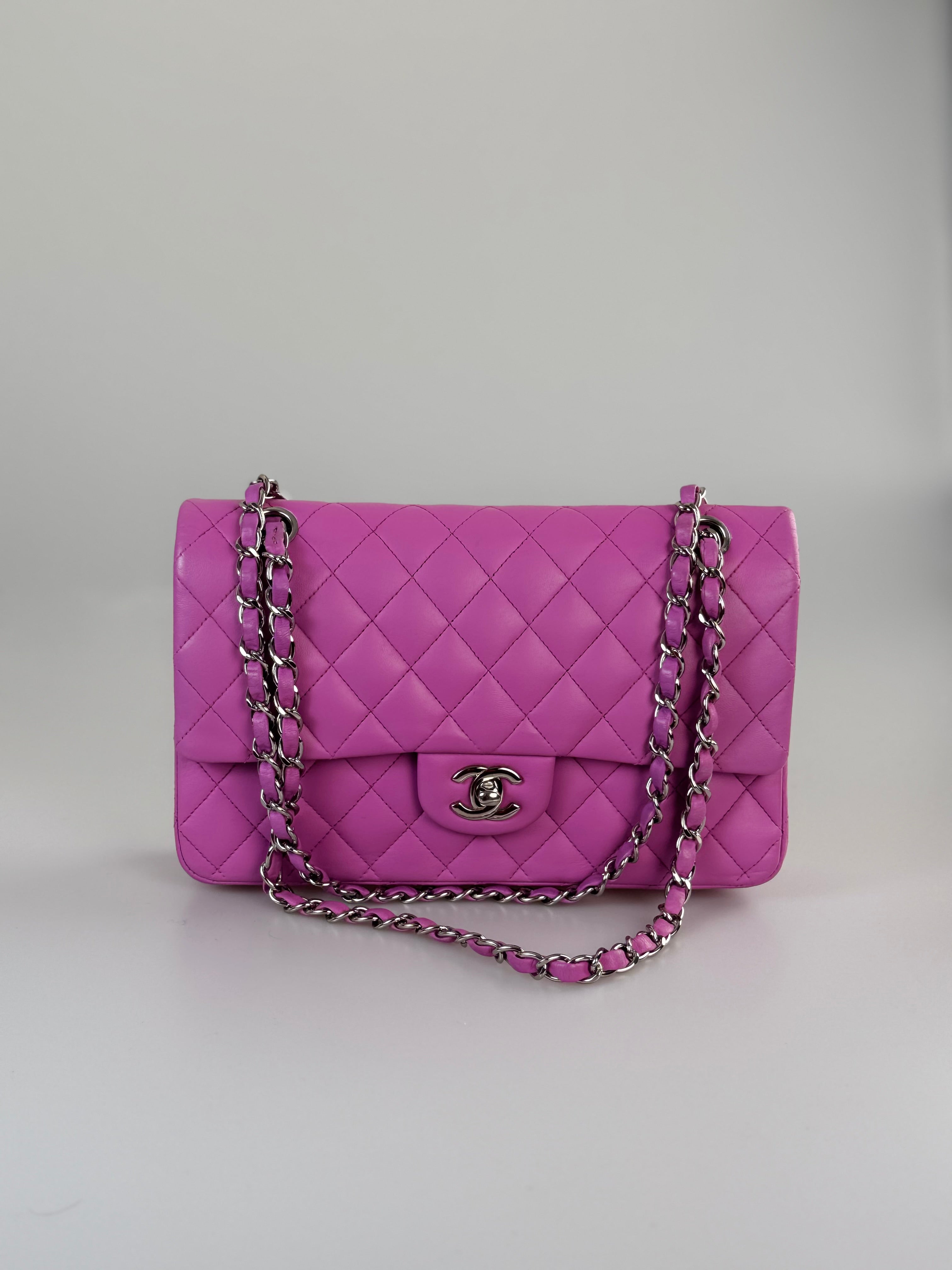Chanel Medium Classic Double Flap Bag in Purple Leliac Lambskin Leather Silver Hardware