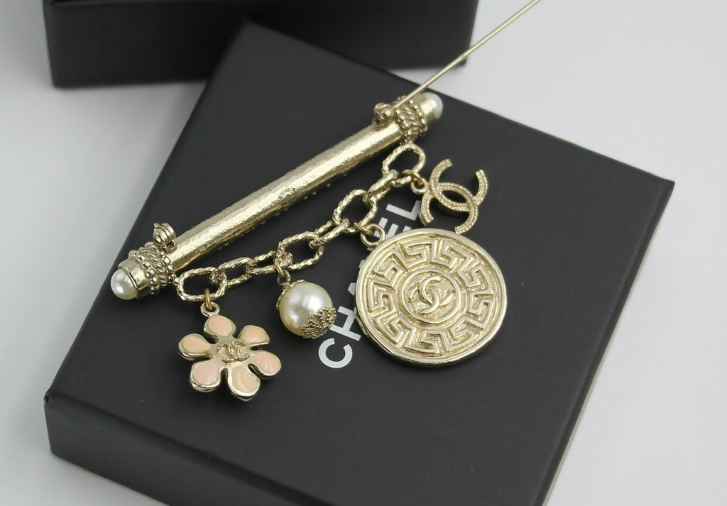 Chanel B18C Metal Wheat Ear Coin Flower Chain Brooch