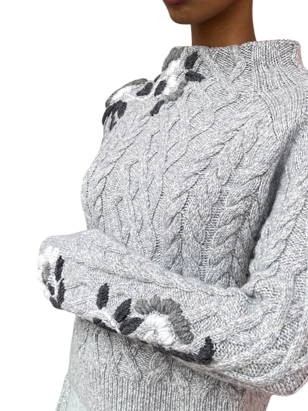 Ermanno Scervino Grey Cashmere Cable Floral Knit Sweater - US 6