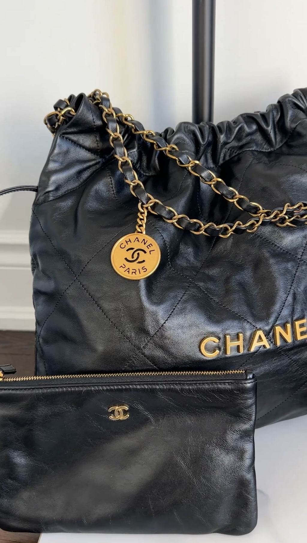 Chanel 22 Black Glossed Leather Large Chain Bag