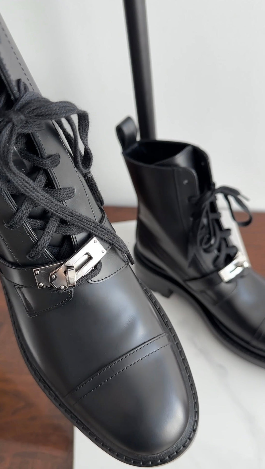 Hermes Black Glossed Leather Lace Up Funk Ankle Boot - USA 7