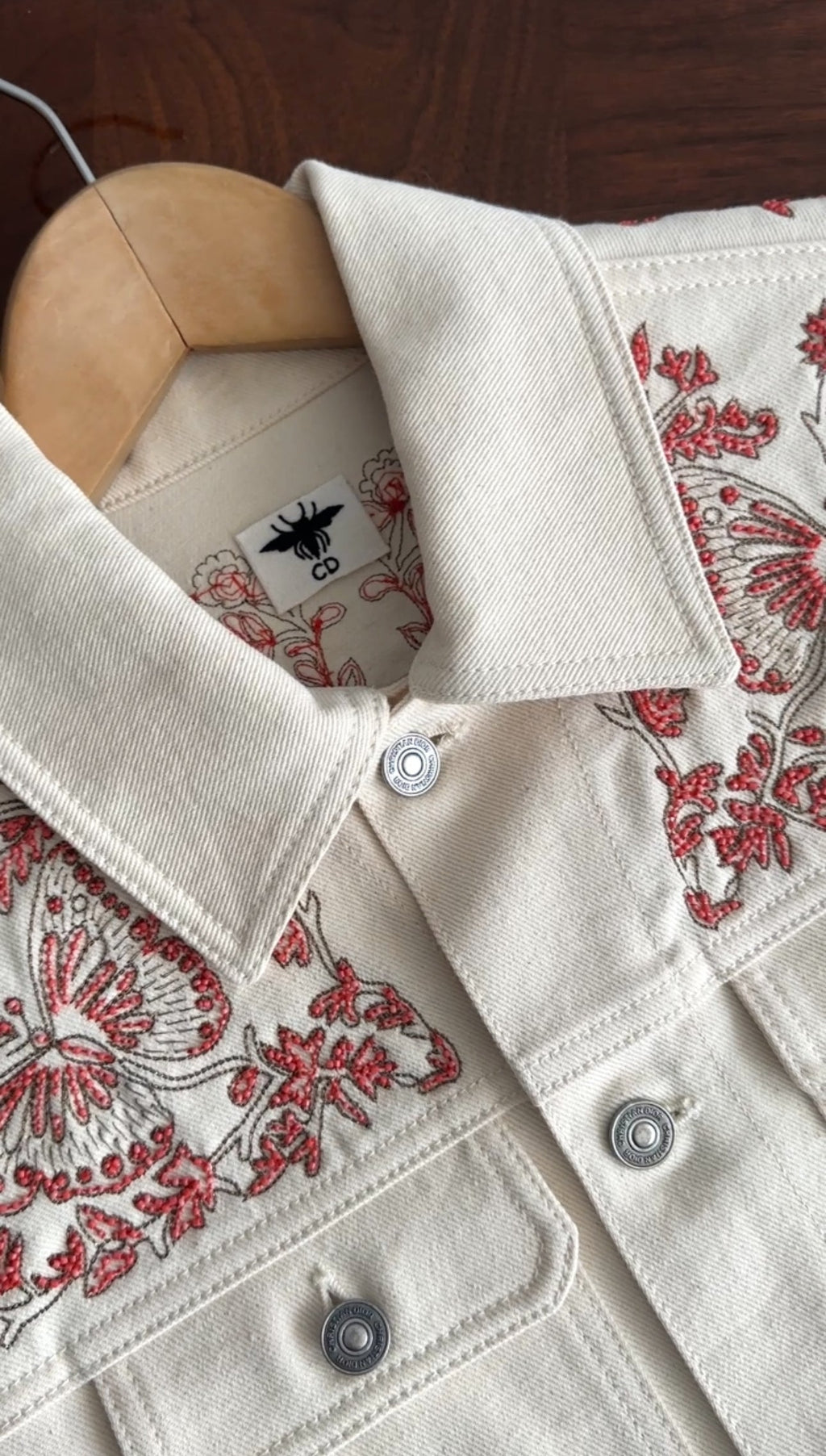 Dior Ivory Denim Jacket with Coral Butterfly Bead Detail - FR38 / 6
