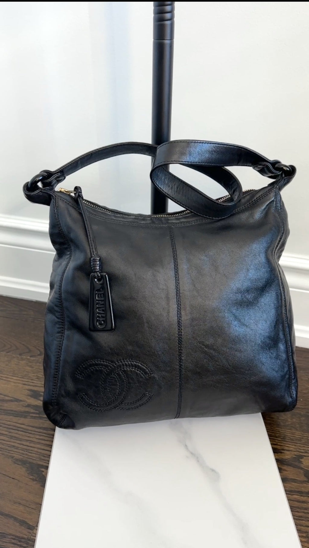 Chanel Vintage 1997 Black Leather CC Small Hobo Shoulder Bag