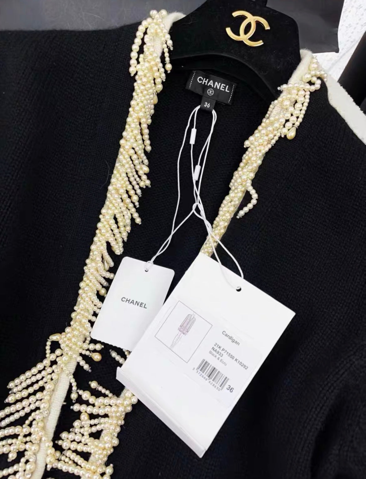 Chanel 21k Black & Ecru igan with Pearl fringe size 36
