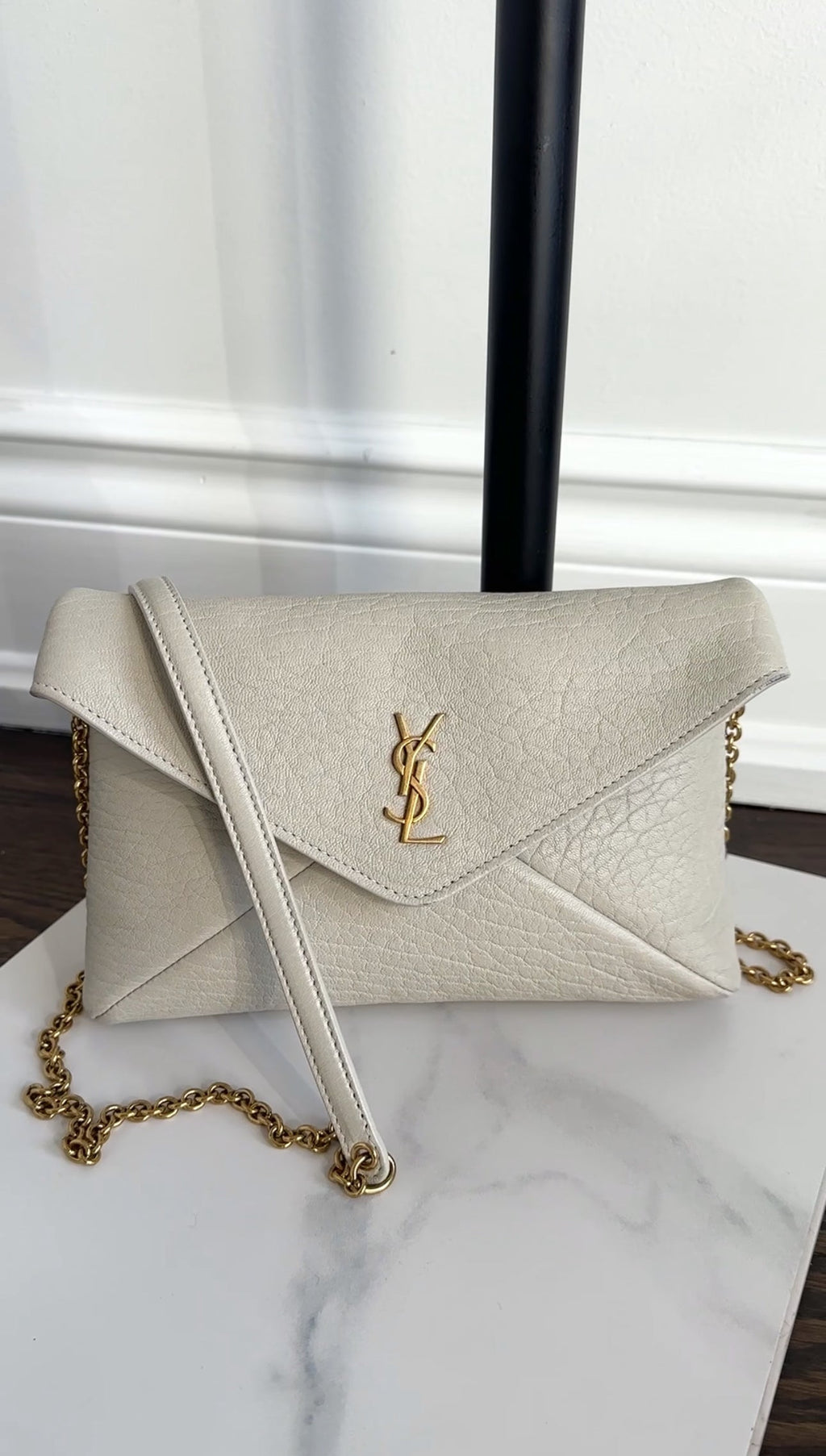 Saint Laurent Ivory Grained Leather Cassandre Chain Pouch