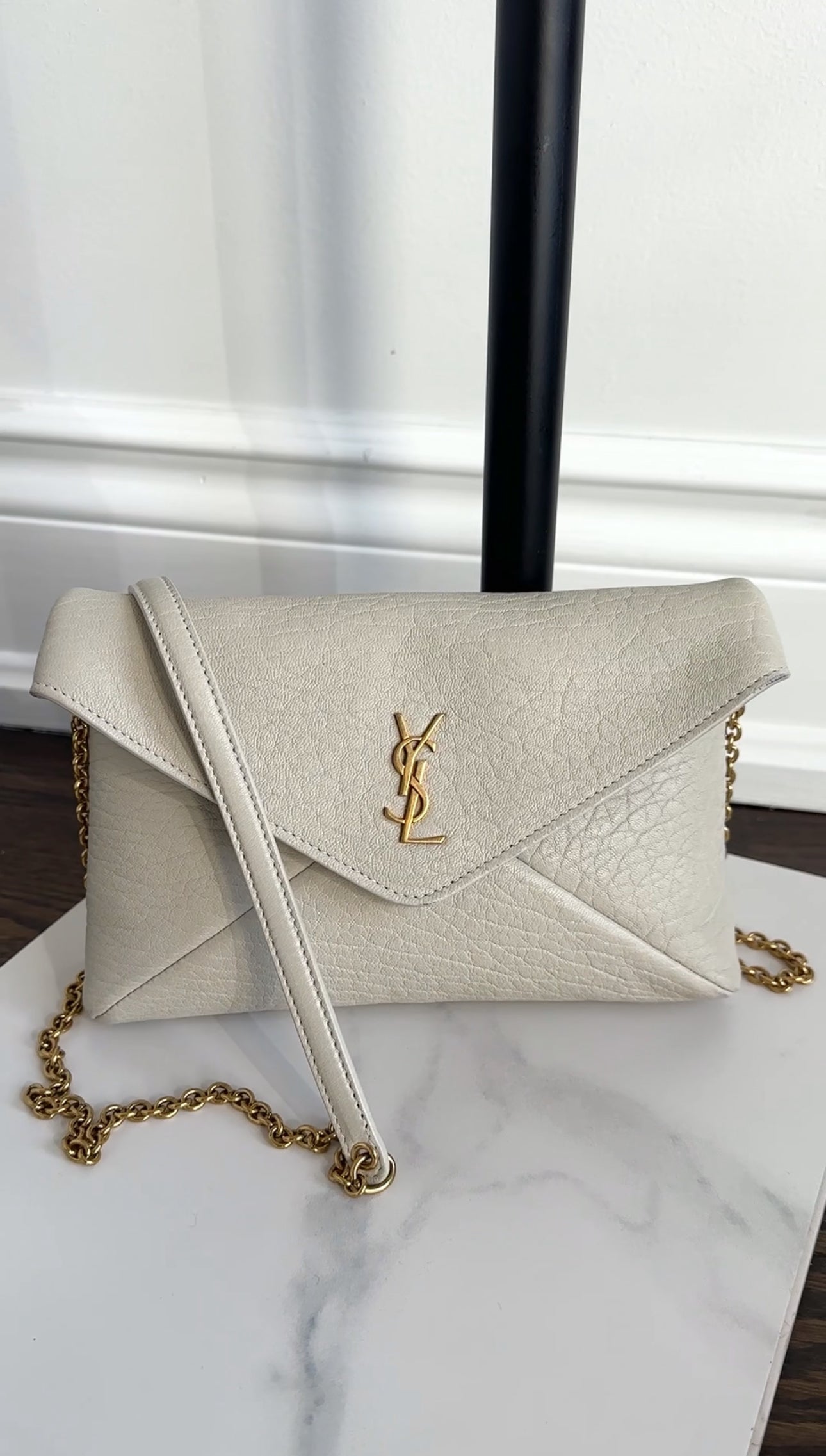 Saint Laurent Ivory Grained Leather Cassandre Chain Pouch