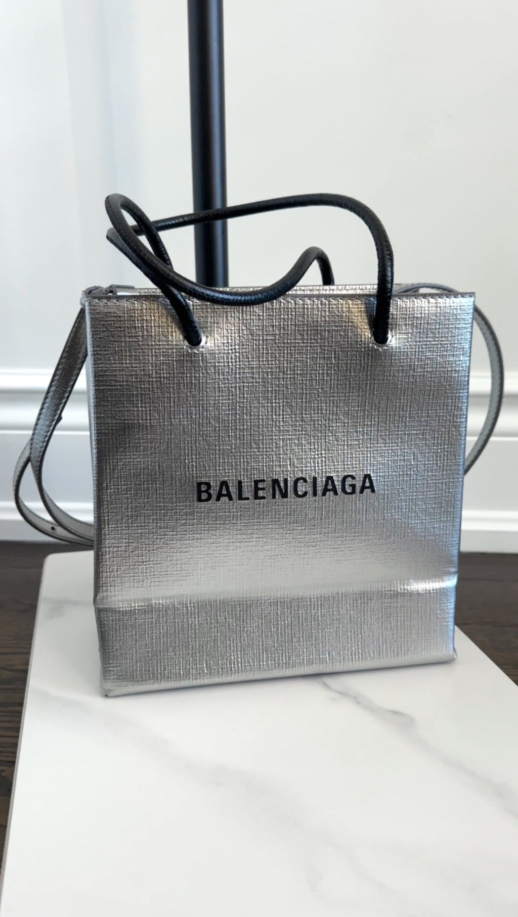 Balenciaga Silver Logo Shopping XXS North South Bag