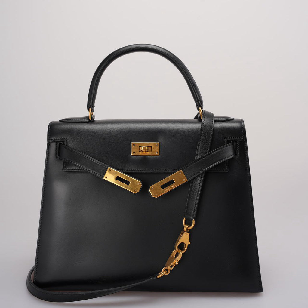 Hermes Vintage Kelly 28 Sellier Bag in Black Calf Box Leather With Gold Hardware