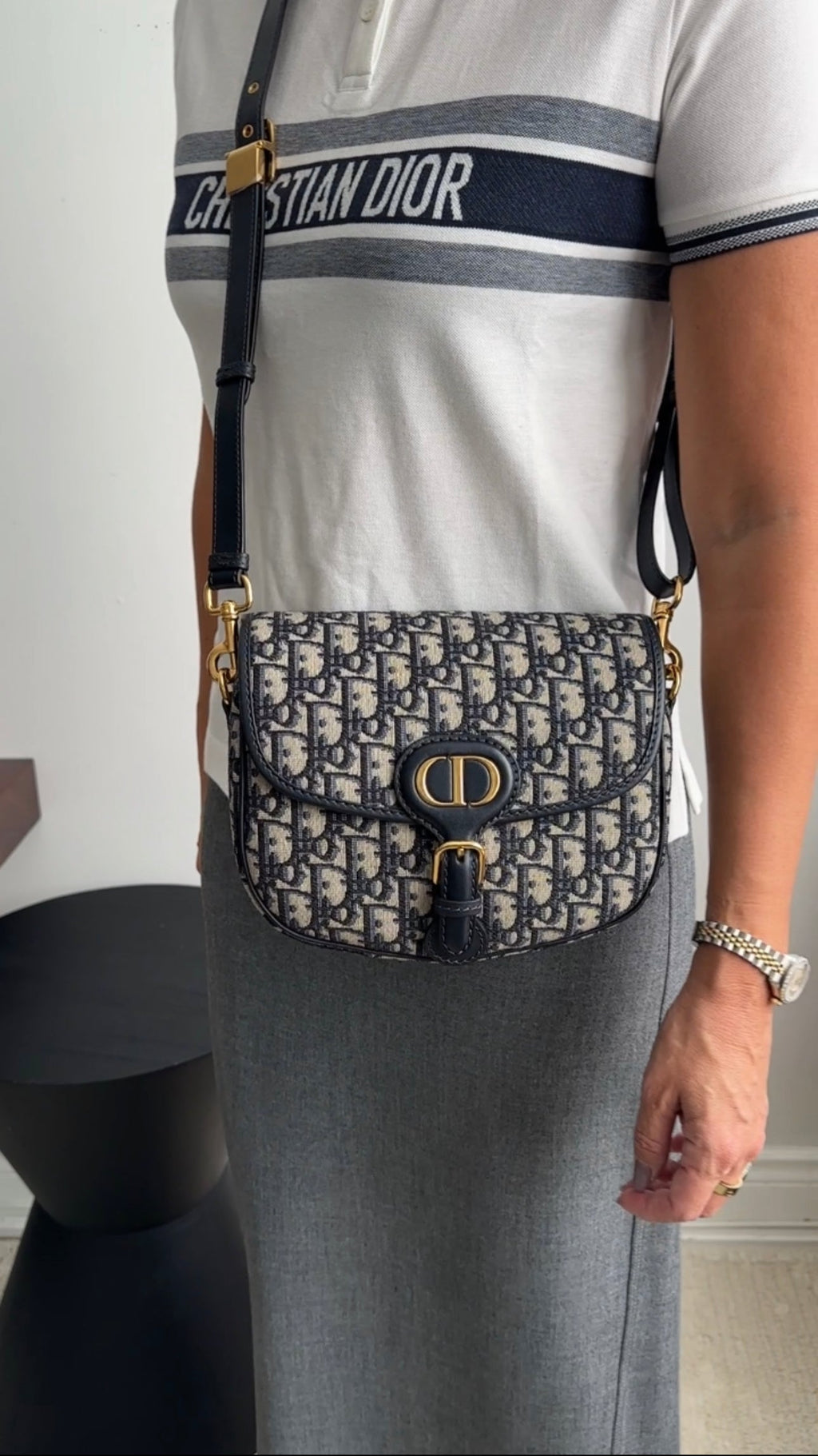 Christian Dior Navy Blue Oblique Jacquard Medium Bobby Bag