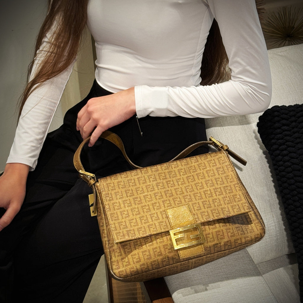 Fendi Gold Zucchino Canvas Mamma Forever Shoulder Bag TWS