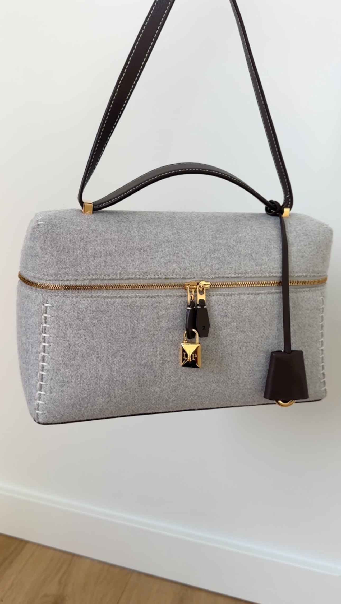 Loro Piana Extra L27 Grey Cashmere and Dark Brown Leather Zip Bag