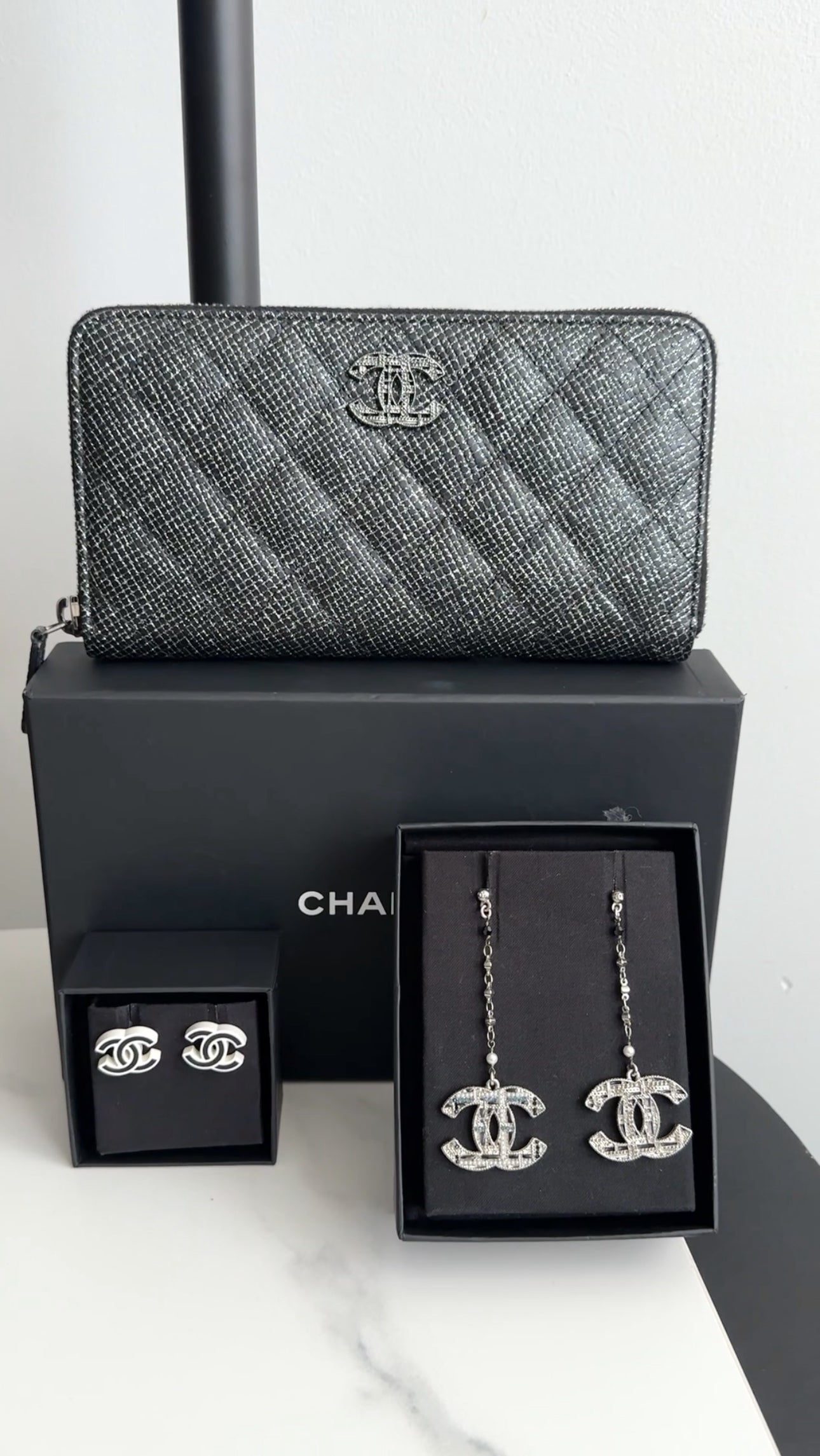 Chanel Black and Silver Leather Quilted CC Zip Continental Wallet
