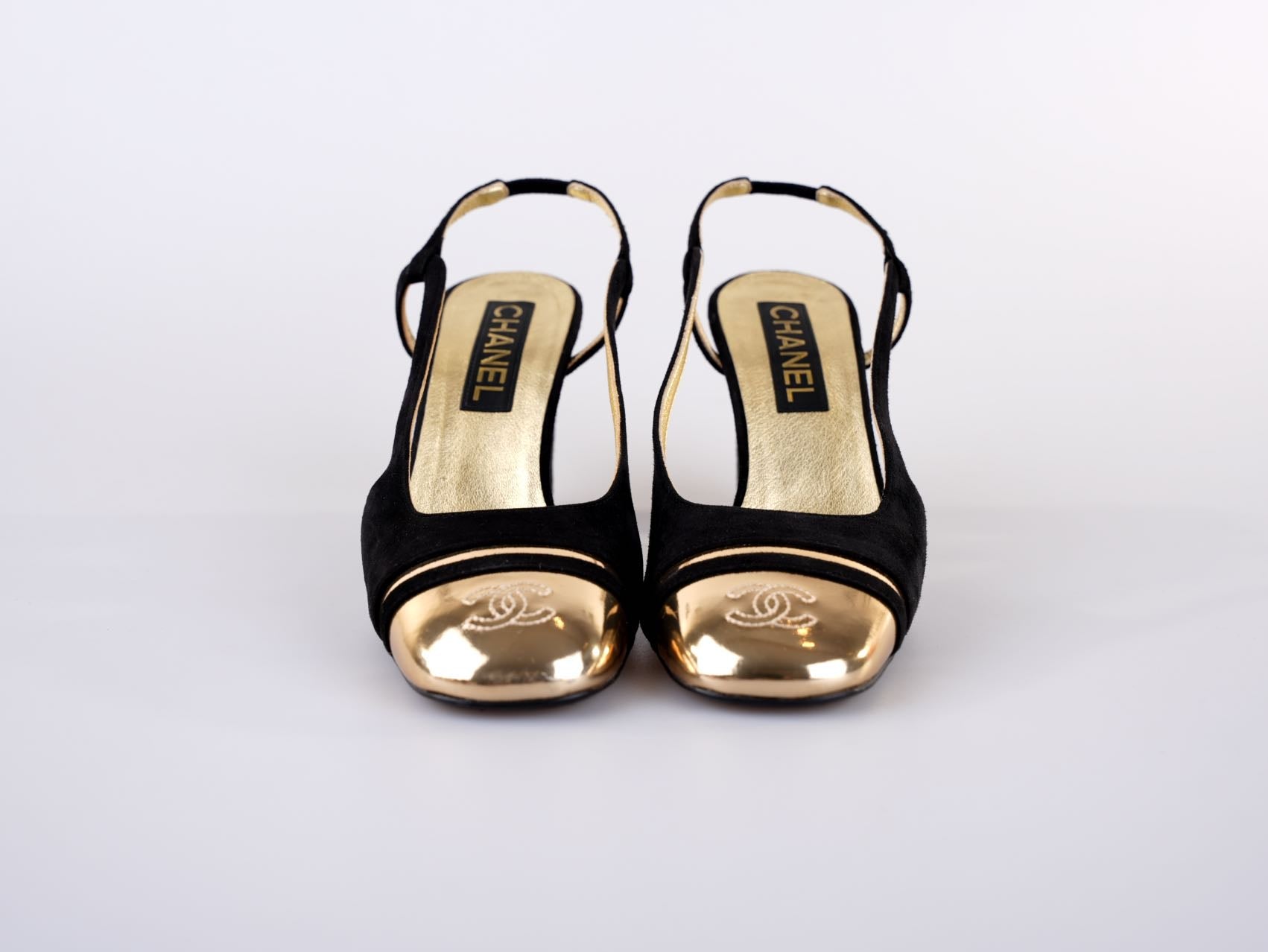 Chanel CC Slingback Heels Black Gold Size 37.5 EU