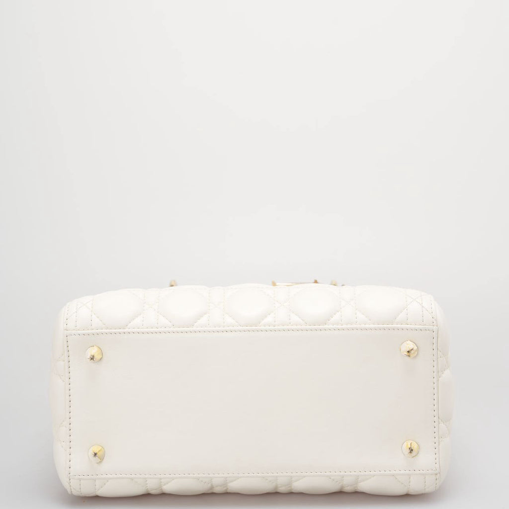 Christian Dior White Medium Lady Dior Bag in Cannage Lambskin Leather with Gold Hardware