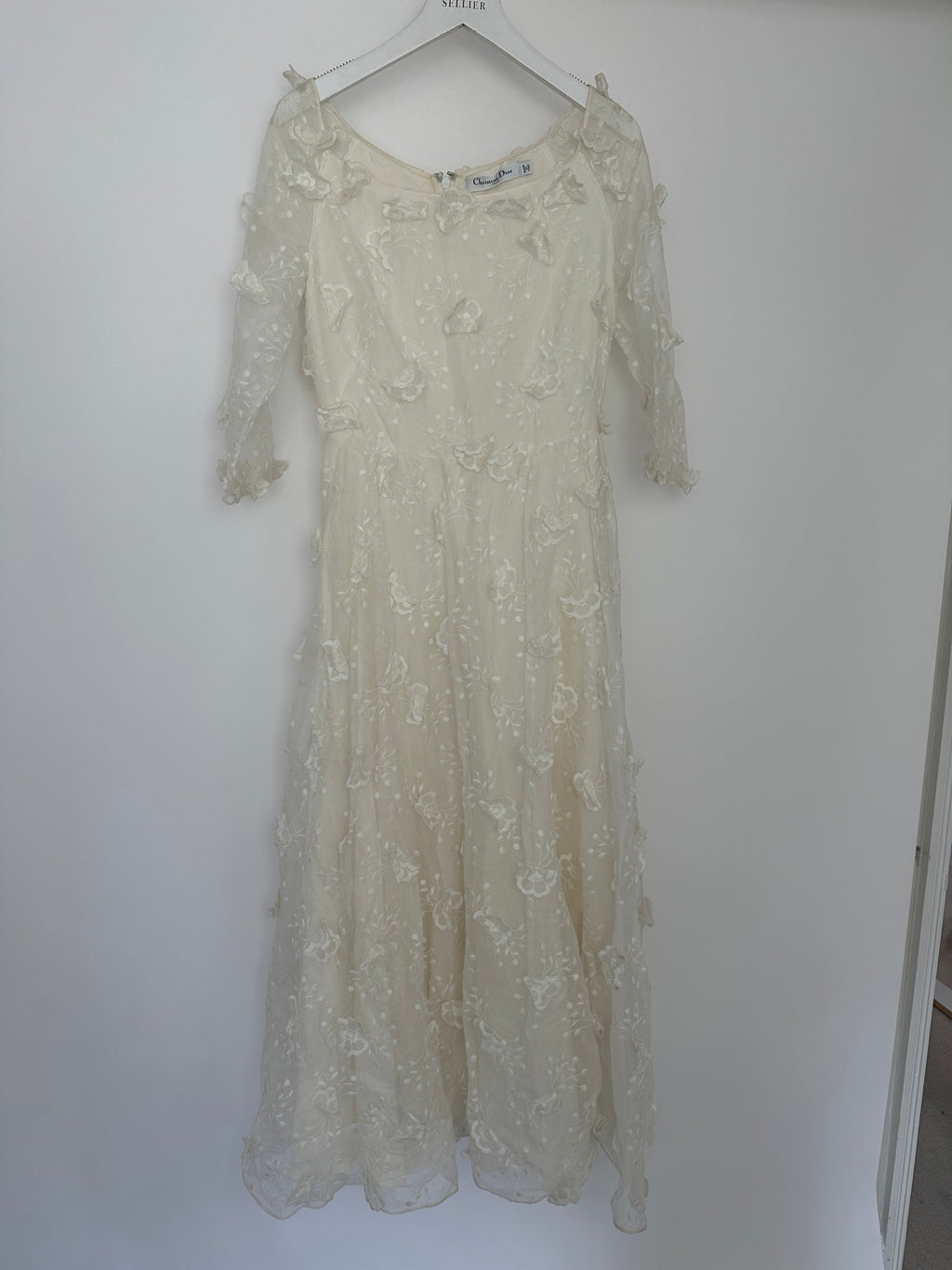 Christian Dior White Long Sleeve Maxi Dress with Floral Appliqué Detail Size FR 36 (UK 8)