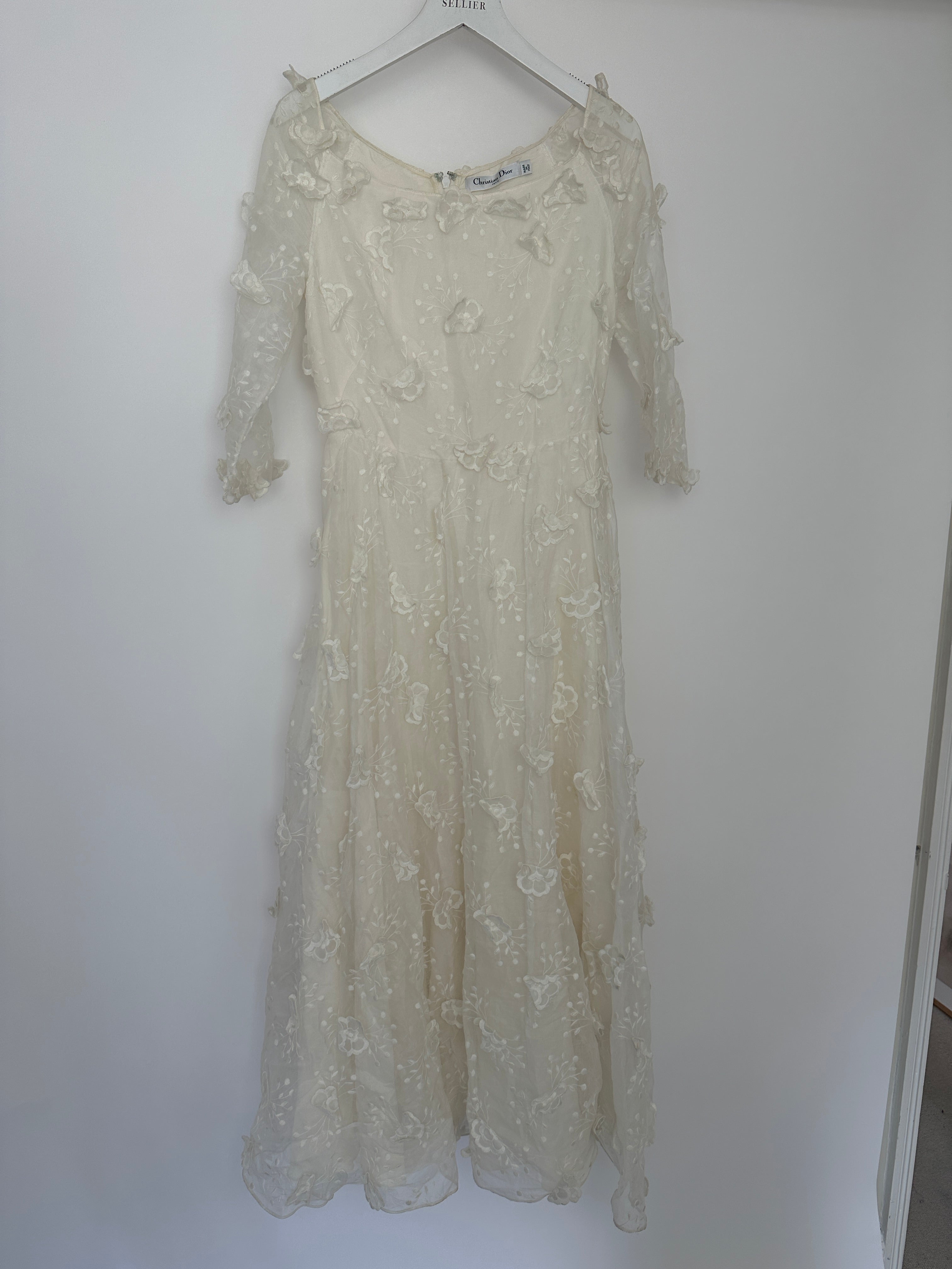 Christian Dior White Long Sleeve Maxi Dress with Floral Appliqué Detail Size FR 36 (UK 8)