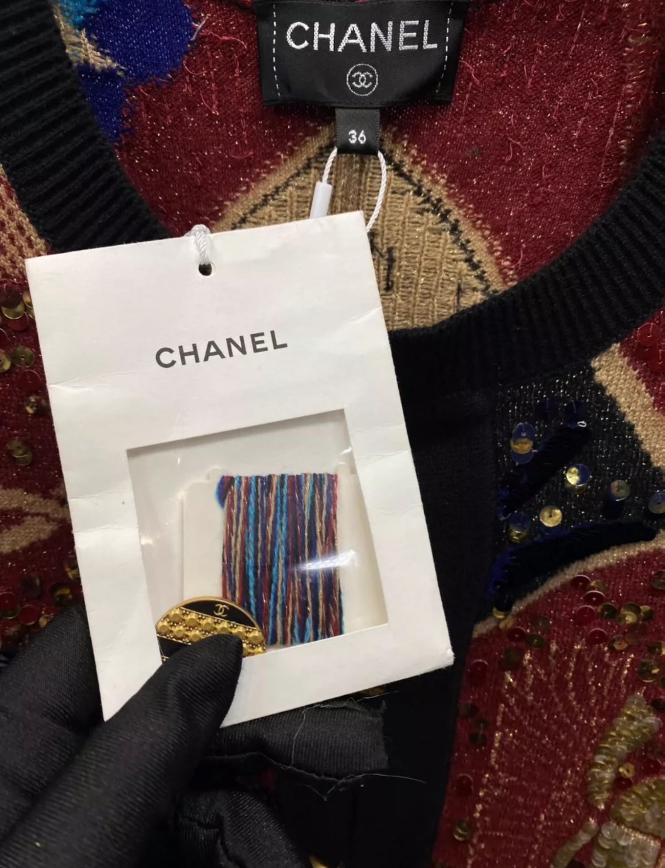 Chanel 19A Cashmere igan in Burgundy, Navy Blue & Black
