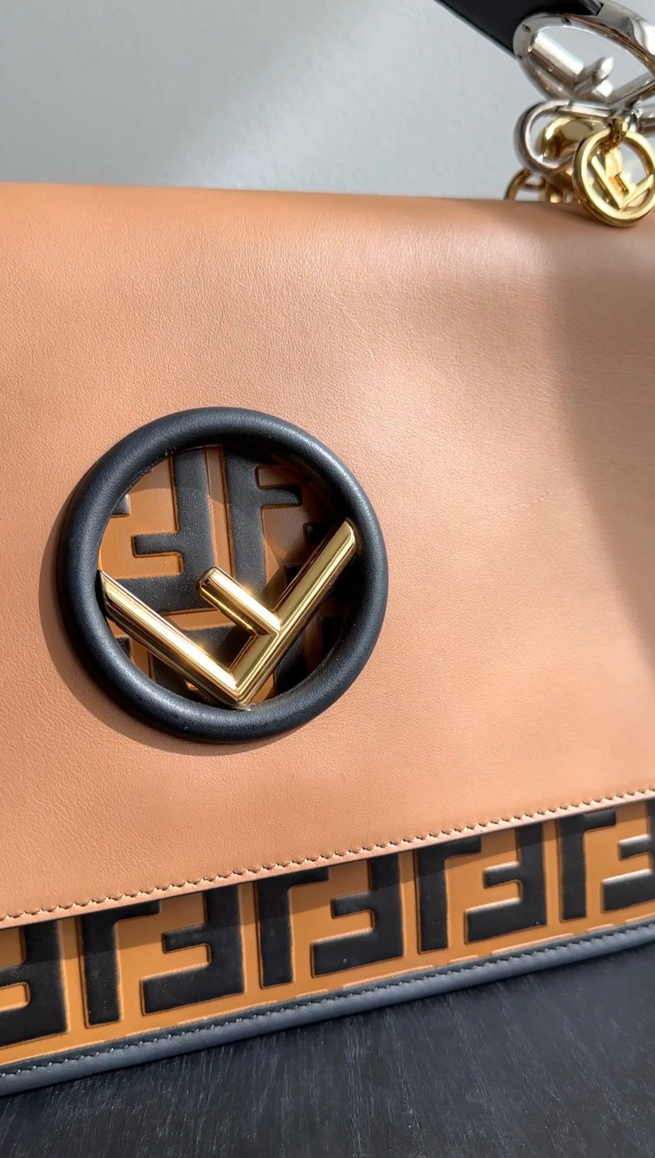 Fendi Black and Tan Embossed Leather Century F is Fendi Kan I Bag