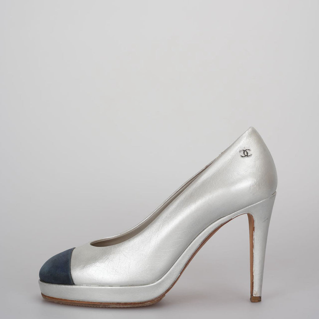 Chanel Silver/Black Nubuck Leather Cap Toe Pumps Size 36