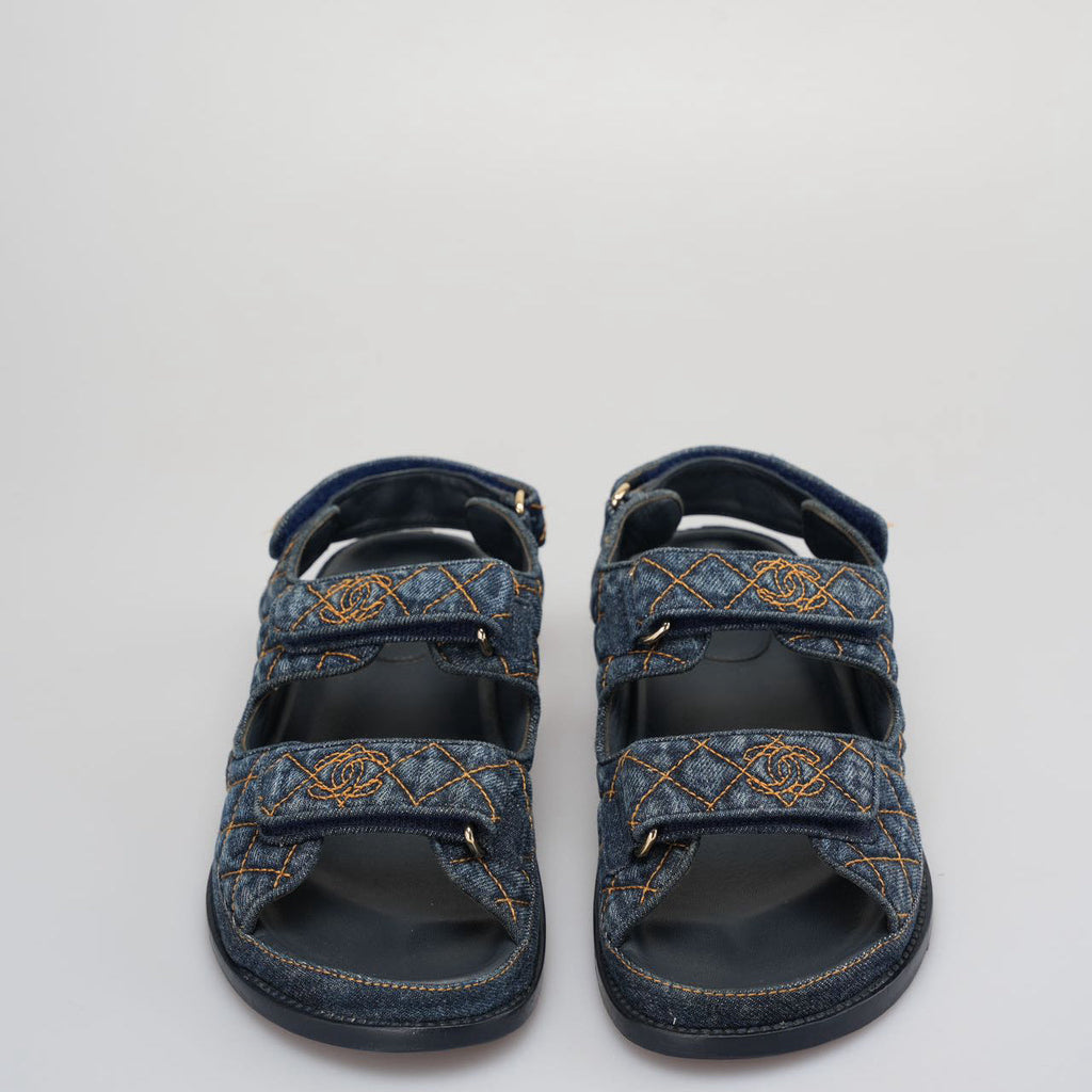 Chanel Denim Velcro Dad Sandals Navy Blue Size 38