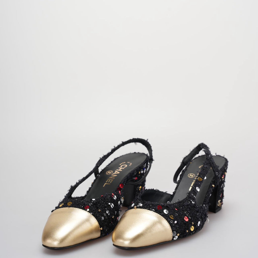 Chanel Tweed Lambskin Sequin Cap Toe CC Slingback Pumps size 39 in Black and Gold