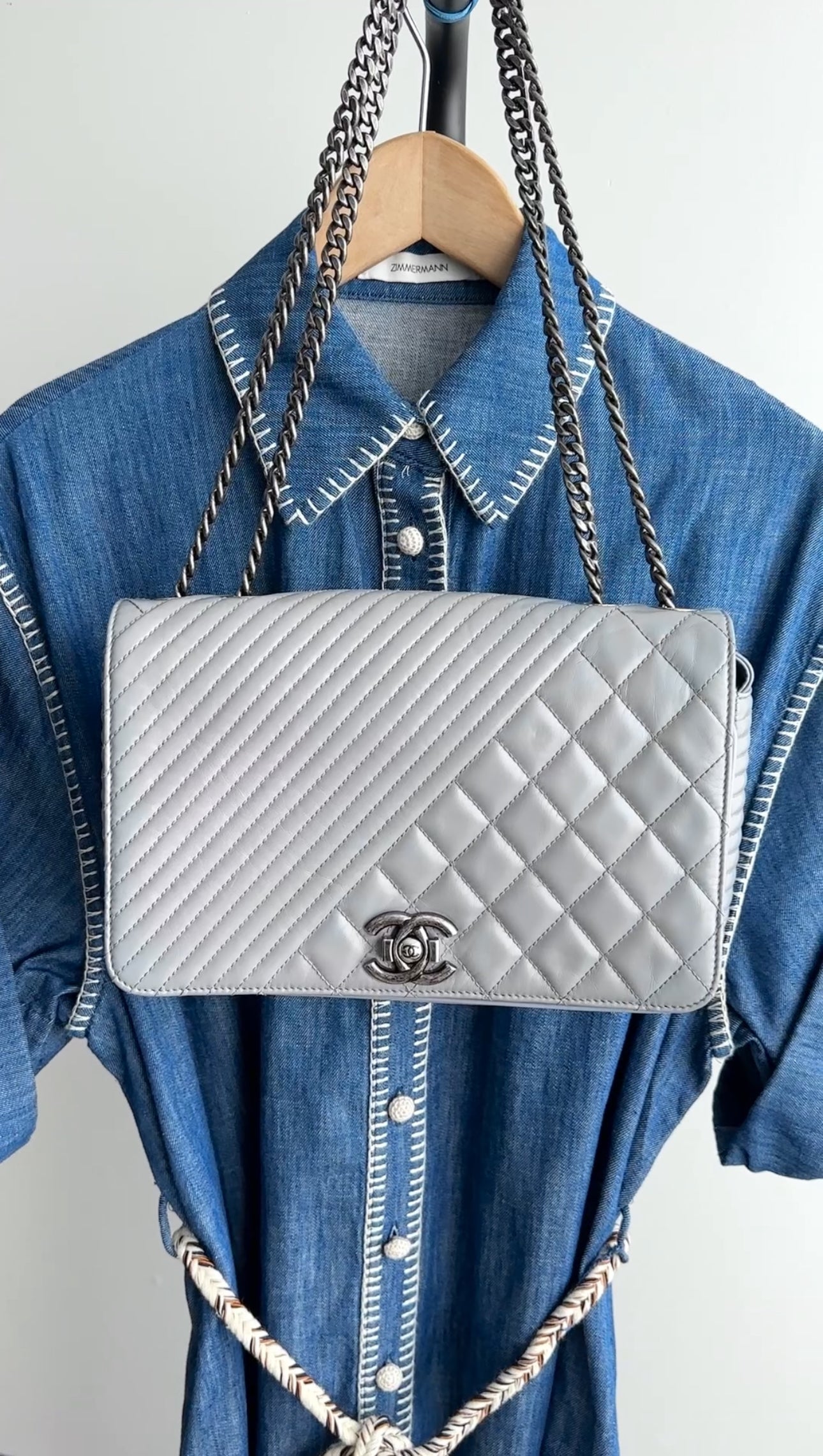 Chanel Grey Leather Coco Boy Medium Flap Bag