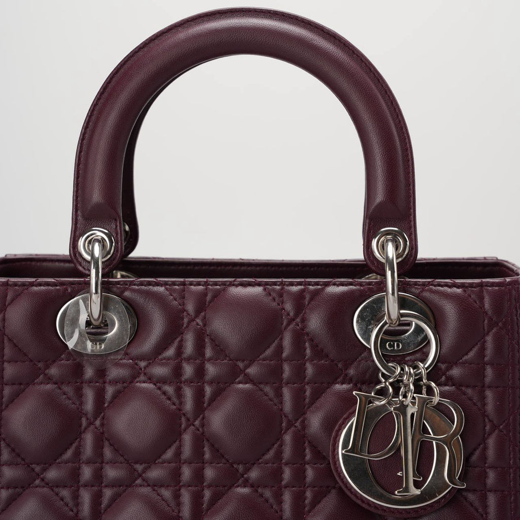 Christian Dior Burgundy Lady Dior Bag in Cannage Lambskin Leather with Silver Hardware Medium LP