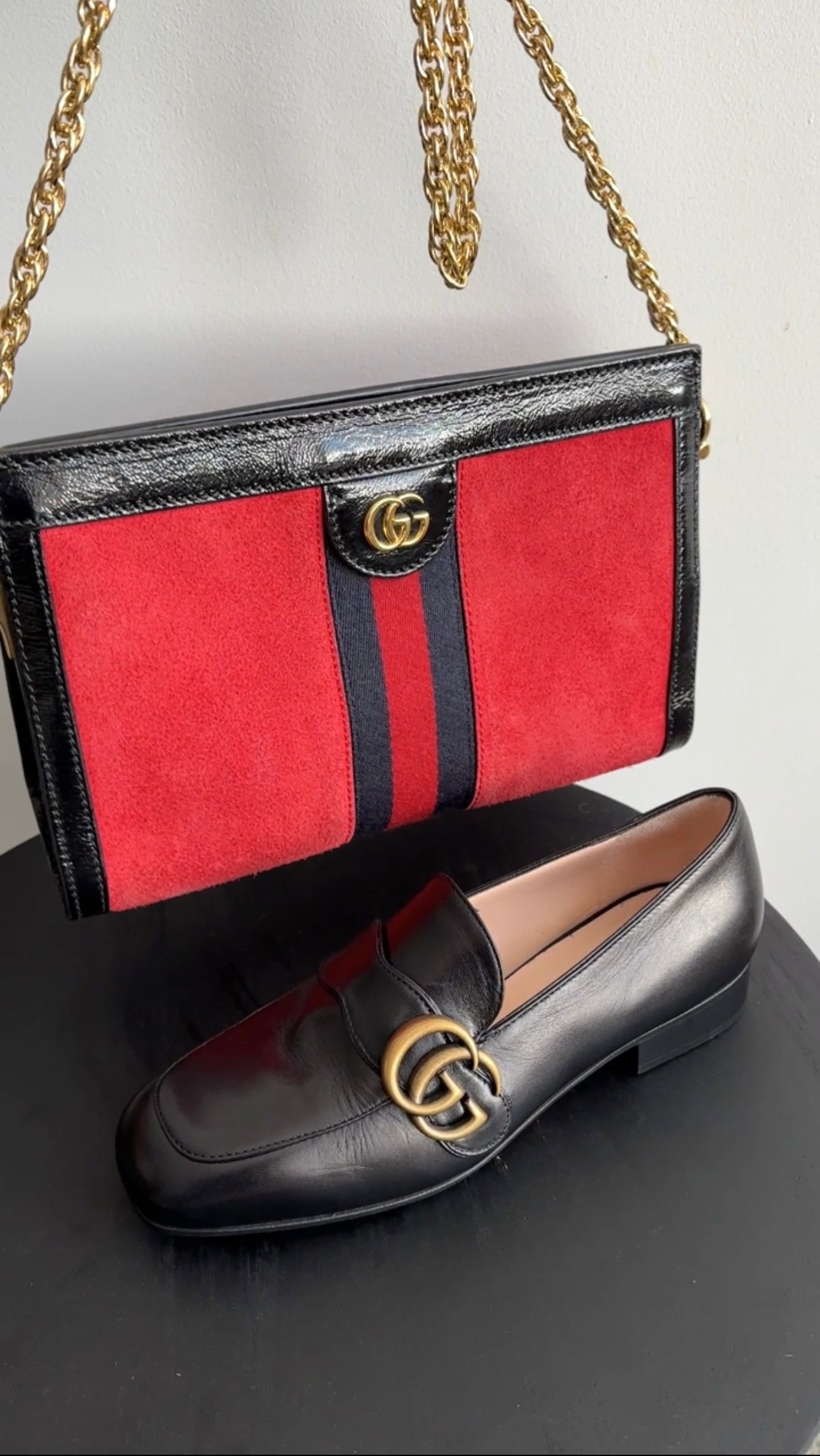 Gucci Red Suede Web Stripe Ophidia Chain Clutch Bag