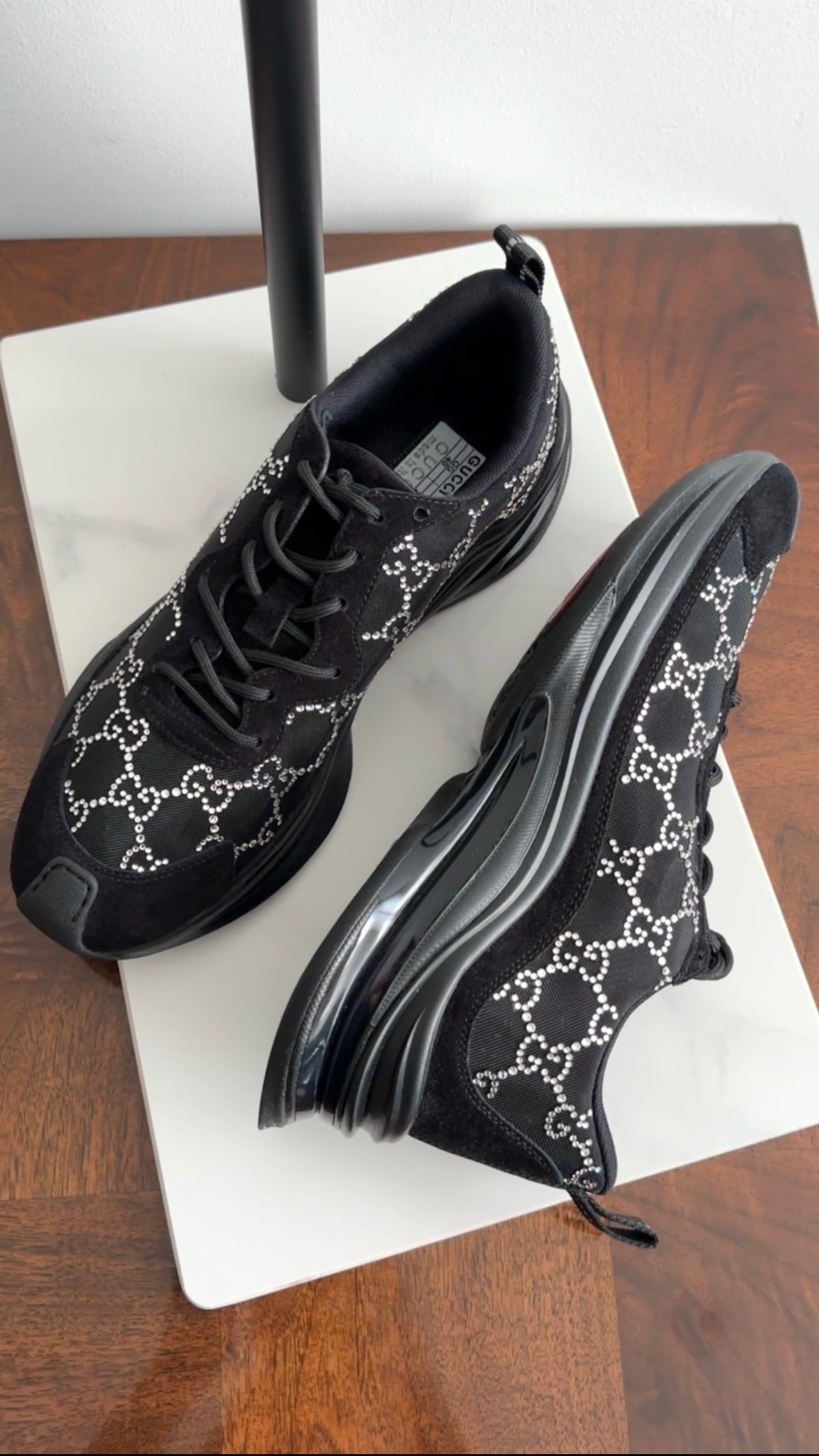 Gucci Run Black Mesh and Clear GG Monogram Crystal Sneakers -  40
