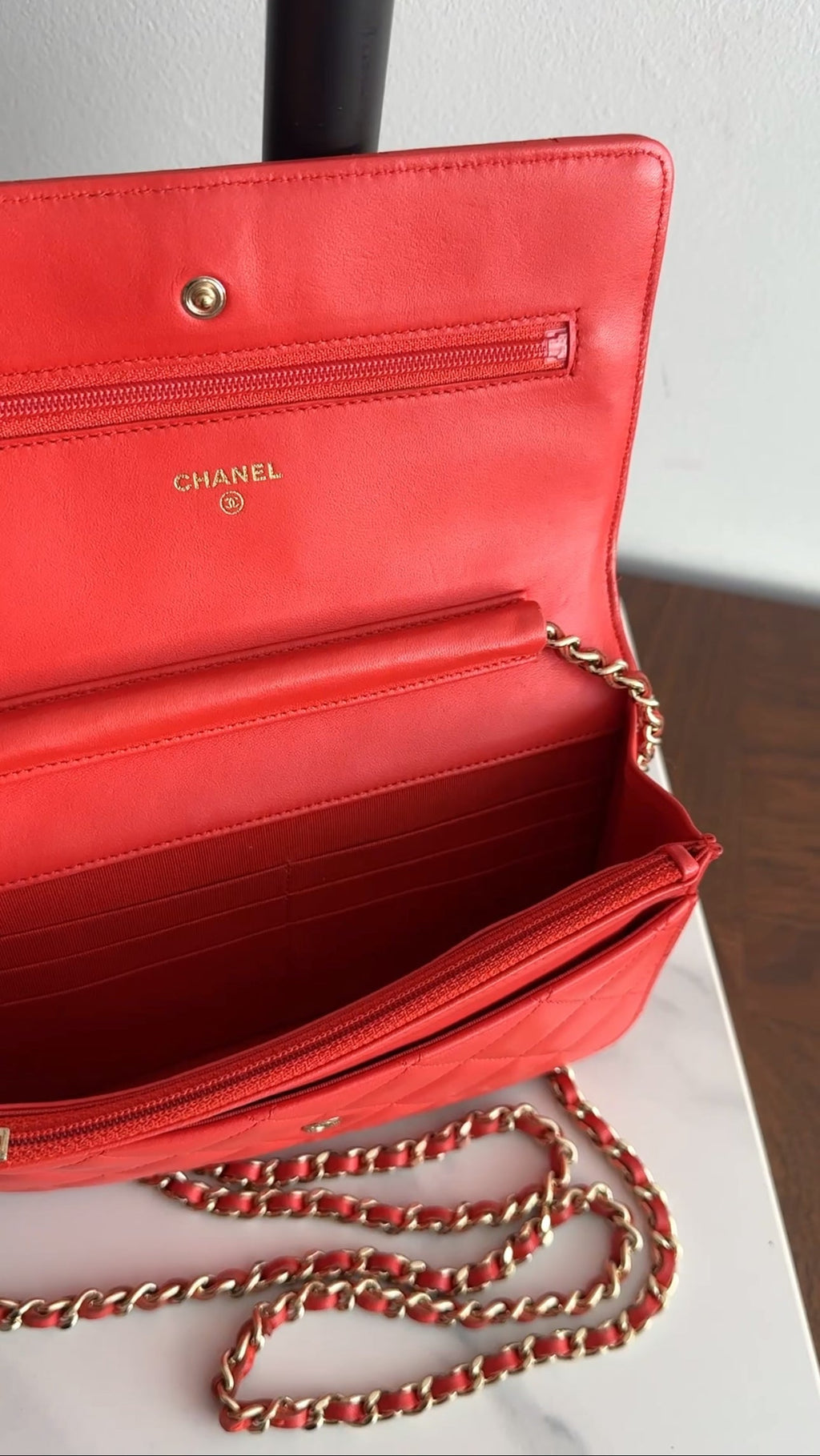 Chanel Red Quilted Leather Timeless Classic Wallet on Chain Bag