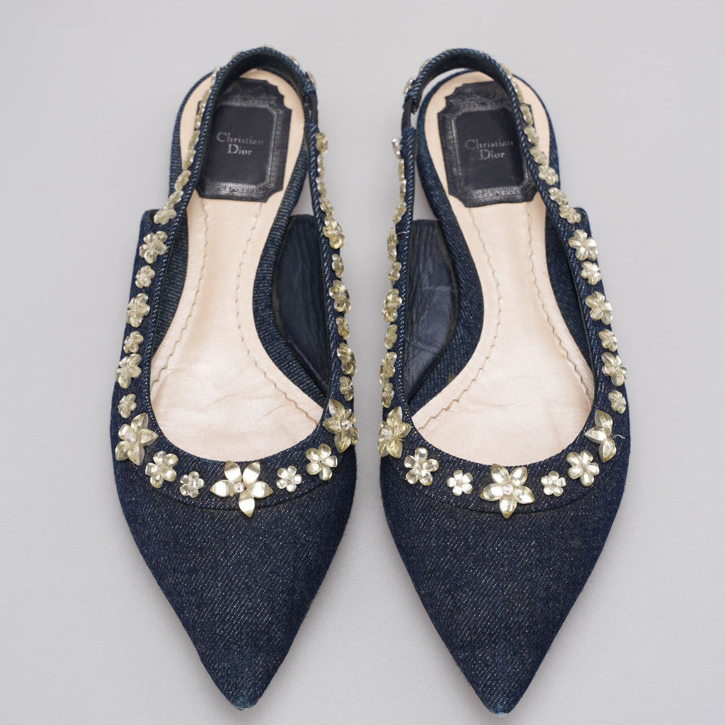 Christian Dior Denim Crystal Garland Slingback Flat Size 36
