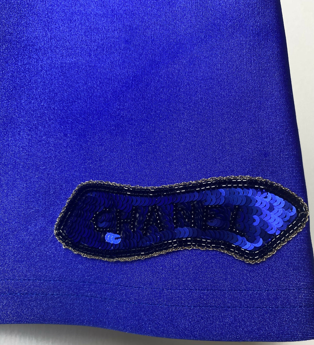 Chanel 21A Runway Royal Blue Sequin Logo Cropped Top Blouse FR 38